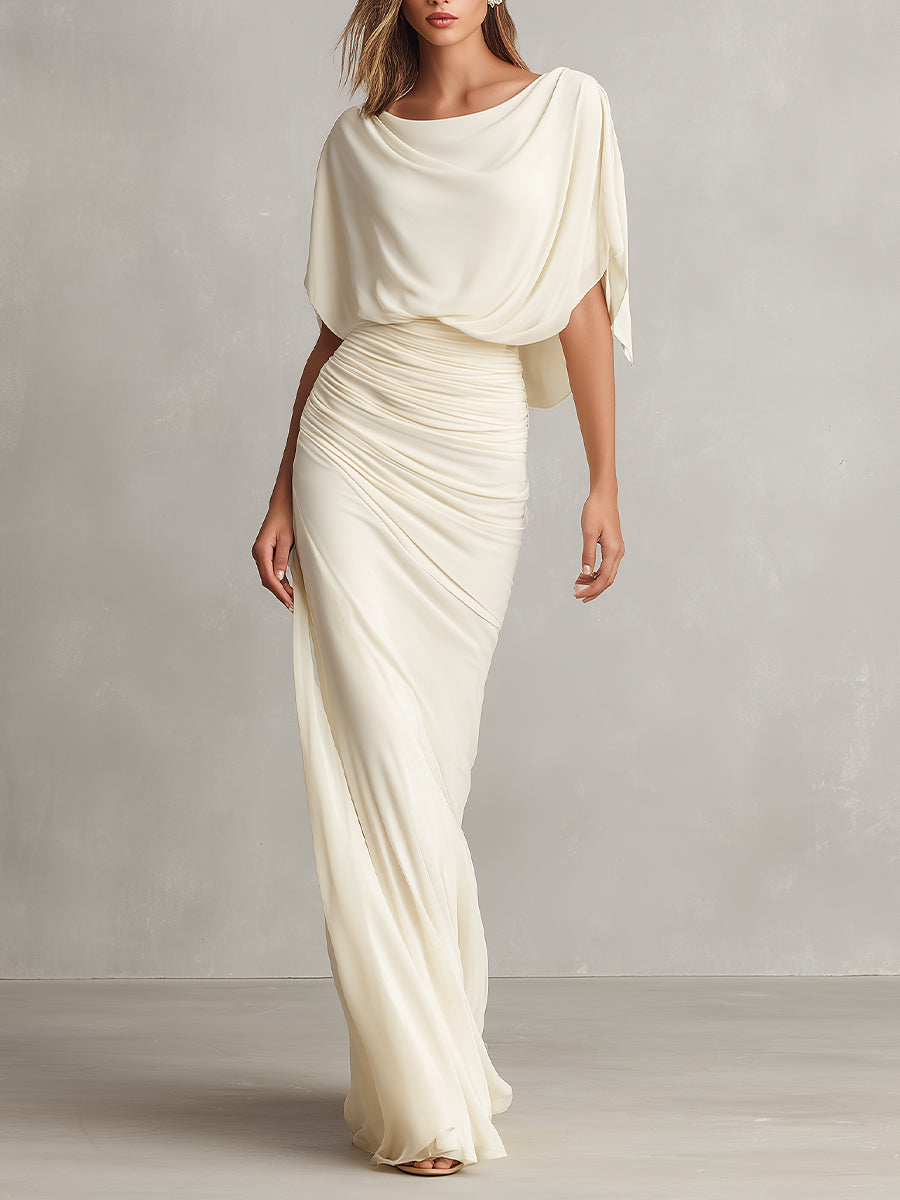 Women's Ivory Silky Dress With Draped Cowl Neck & Ruched Silhouette, Timeless Luxe-Elegant Style Dress MDA3124L9I