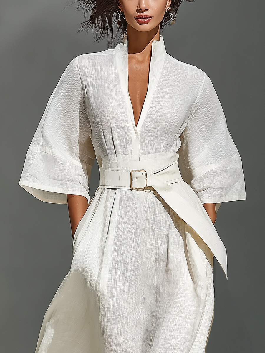 Women's Ivory Linen Fabric Kimono-Sleeve Wrap Maxi Dress With Belt & Pockets MDA3143L9T