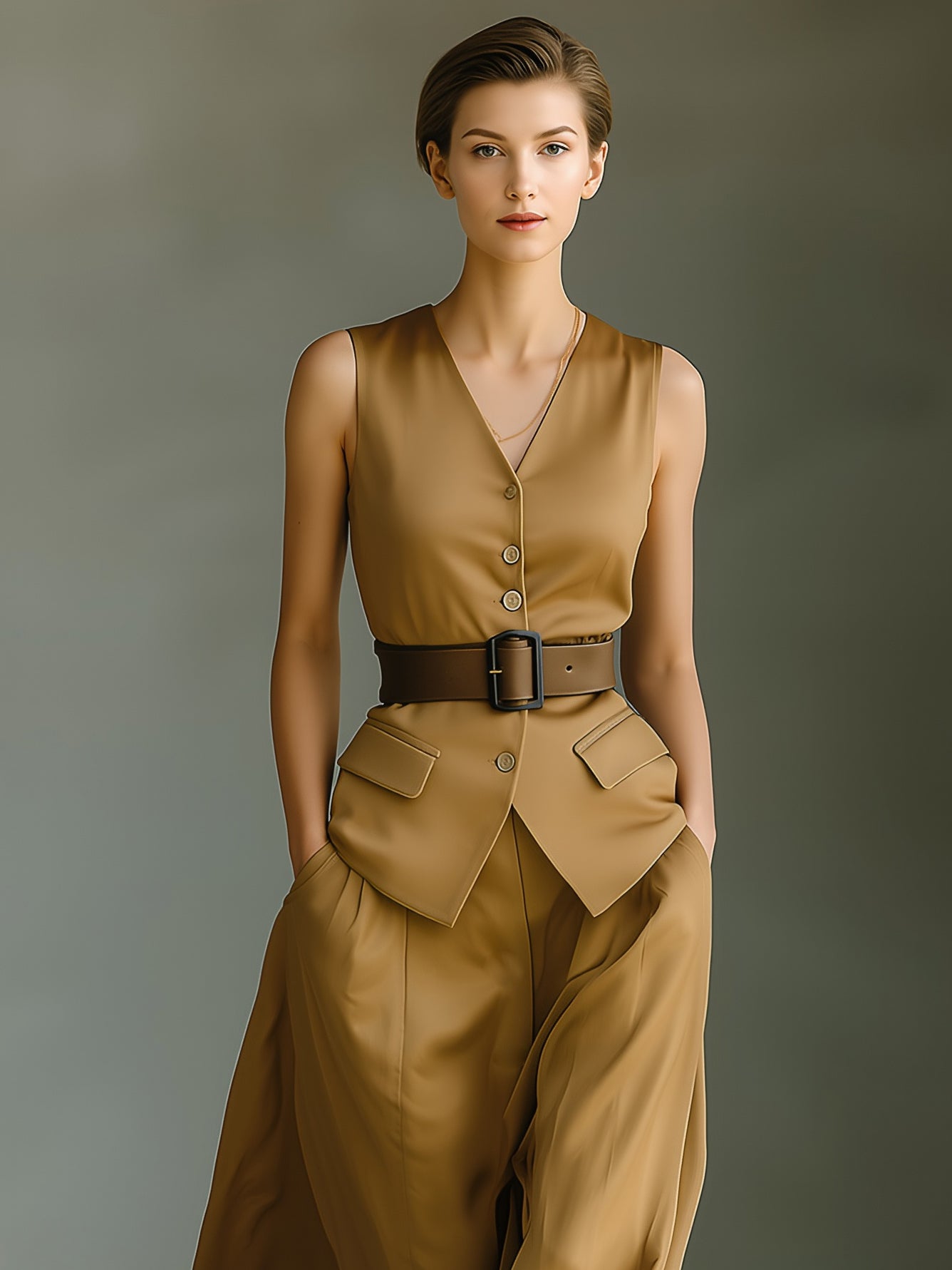 Women's Elegant Brown Satin Sleeveless Vest And Trousers Set (belt Not Included) MDA3137L8AN