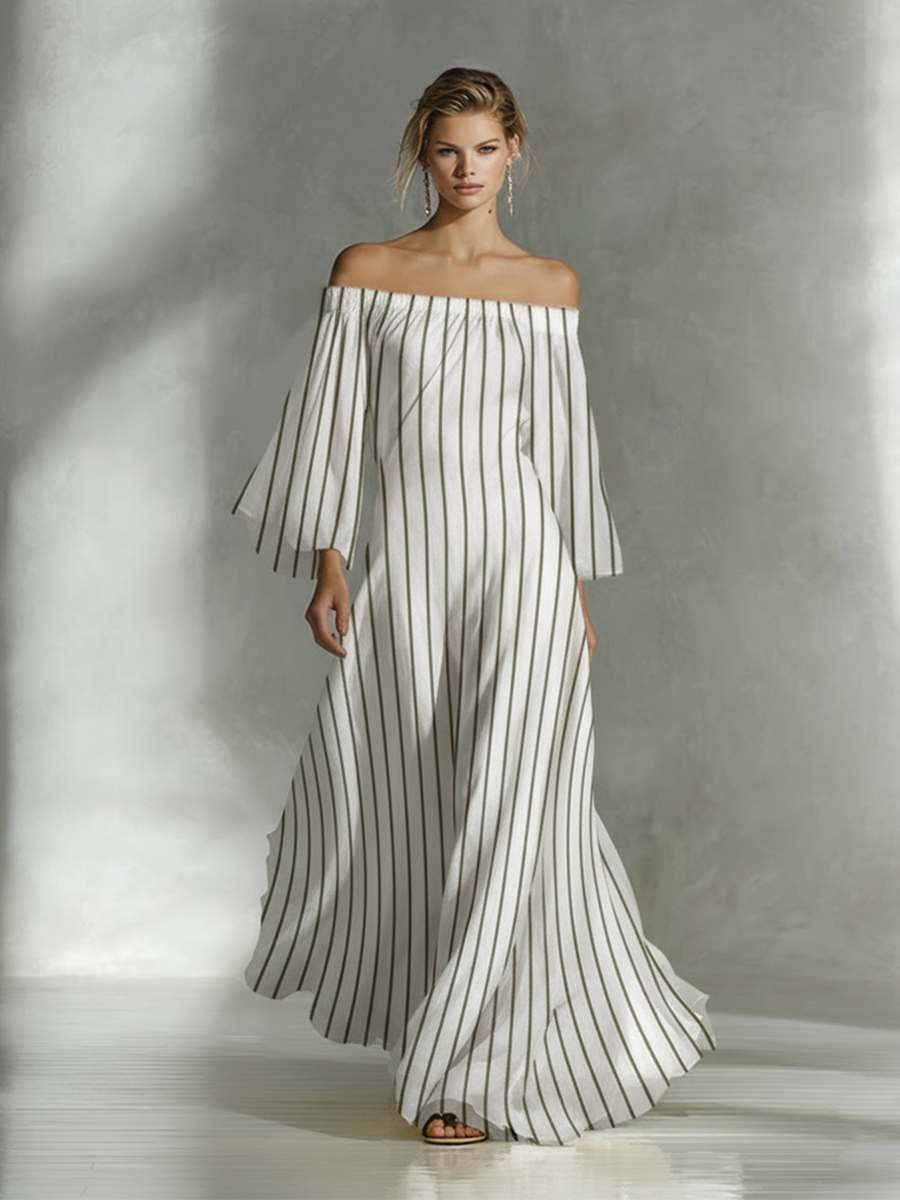 Women's White And Gray Striped Off-Shoulder Maxi Dress MDA2918L7AP