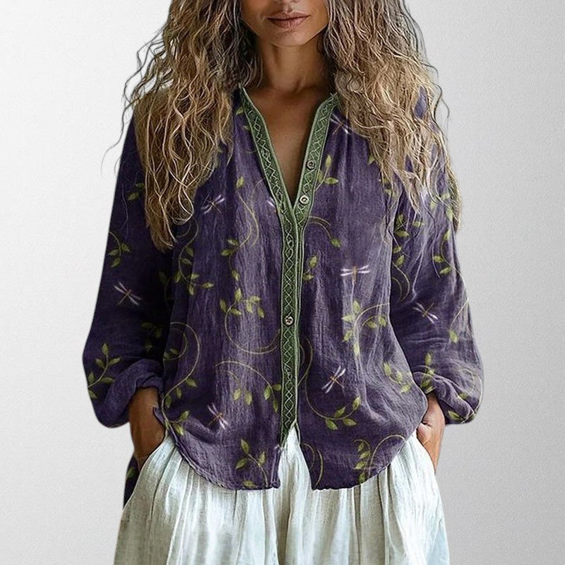 BLUSA ESTAMPADA DE HOJAS CON DETALLES BORDADOS QUENLIN