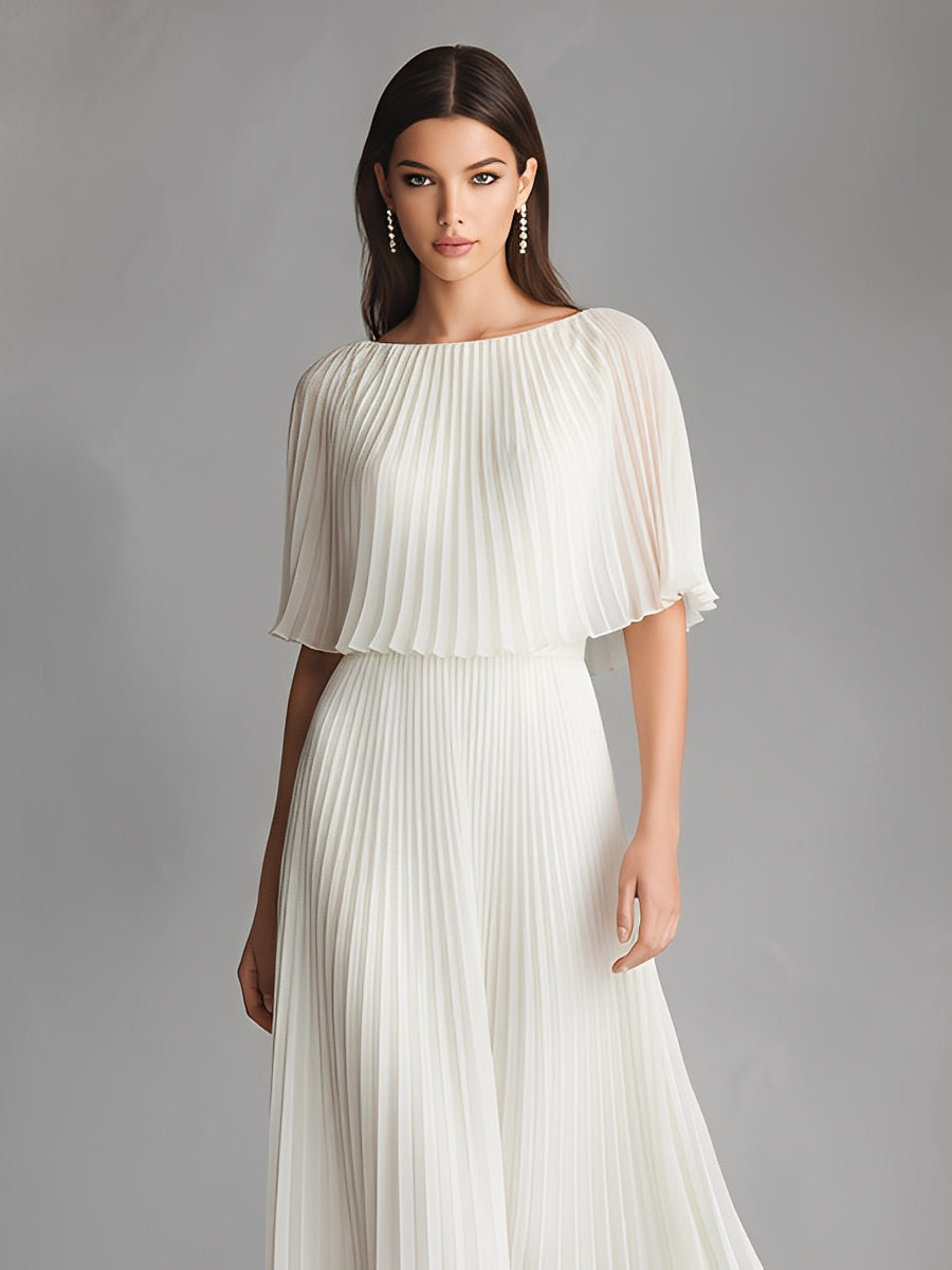Women's Ivory Pleated Chiffon Maxi Dress With Cape Sleeves & Boat Neck, Timeless Luxe-Elegant Style Dress MDA3199L2I