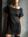 Women's Minimalist Knitted Square-neck Short-sleeved Mini Dress MDA3171L0Y
