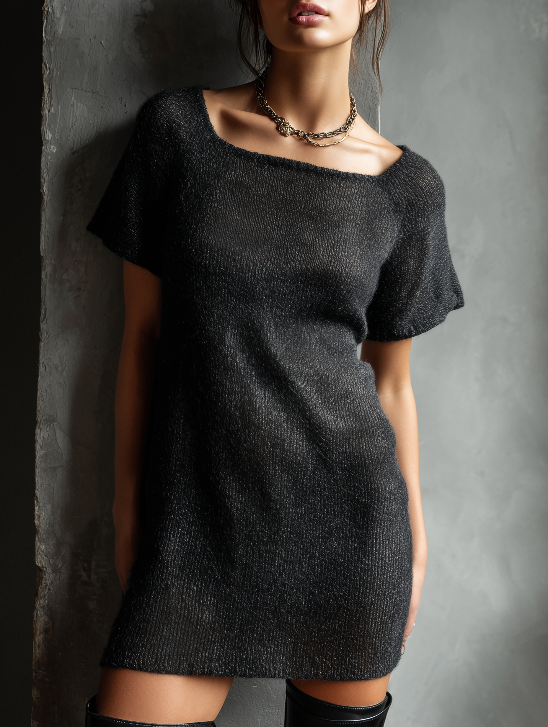 Women's Minimalist Knitted Square-neck Short-sleeved Mini Dress MDA3171L0Y