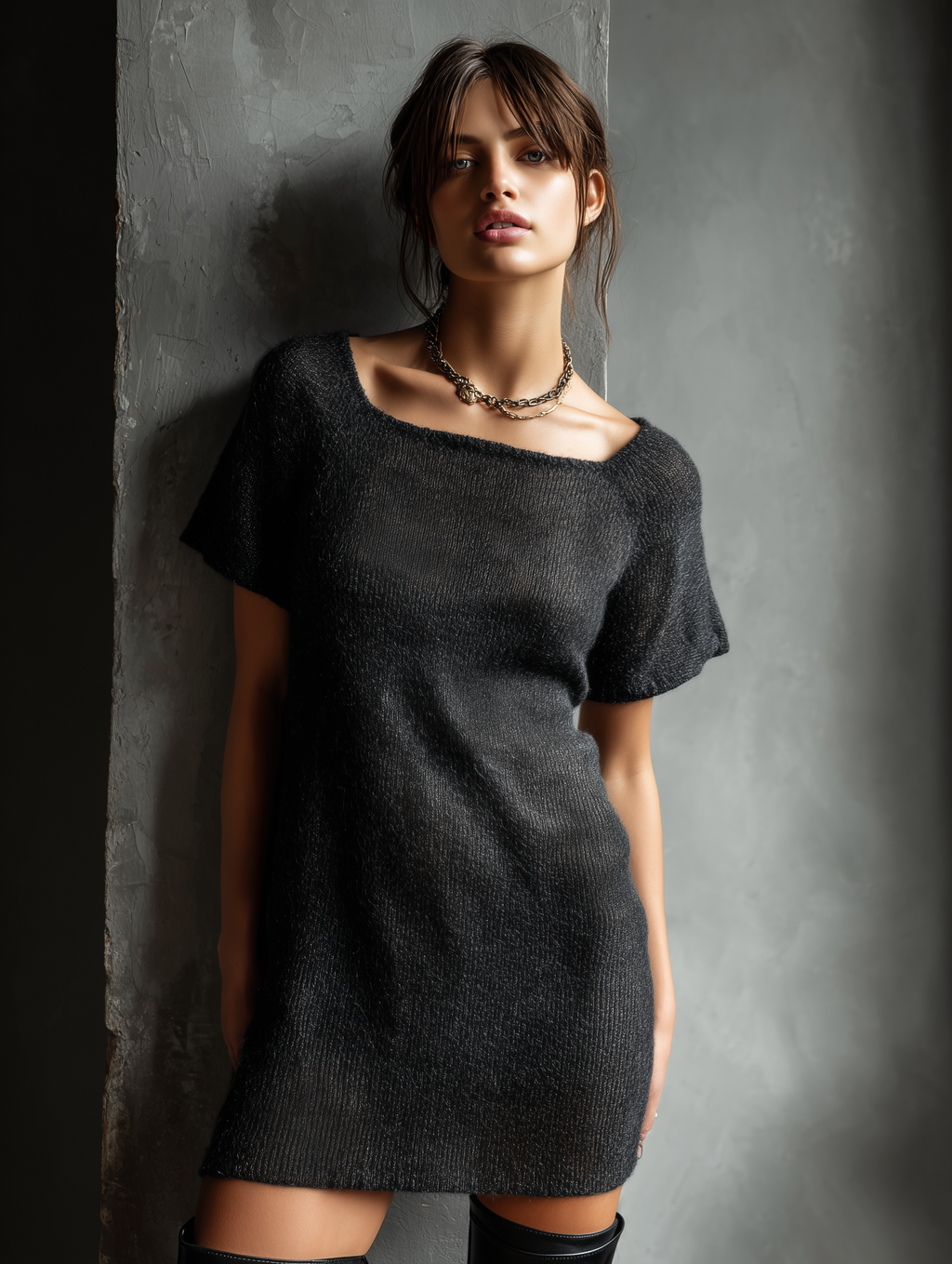 Women's Minimalist Knitted Square-neck Short-sleeved Mini Dress MDA3171L0Y