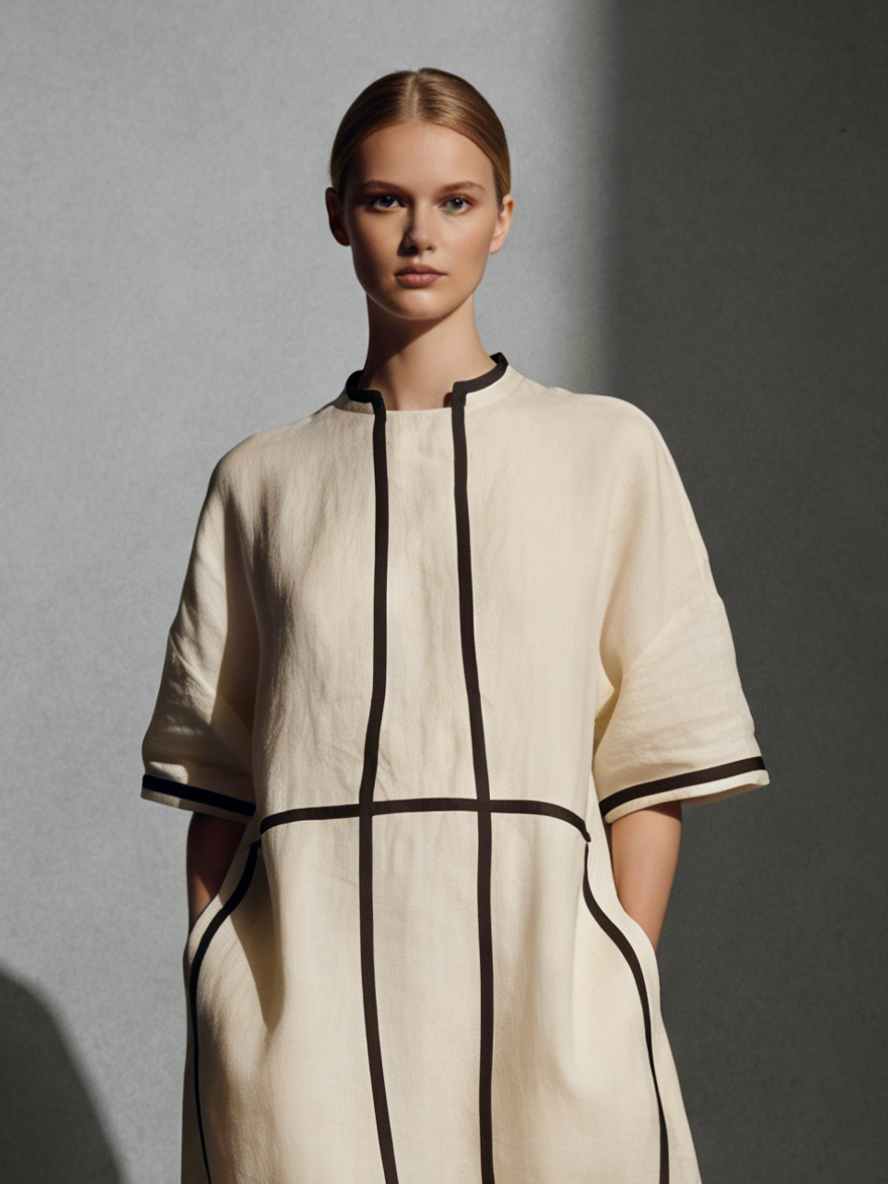 Women's Modern Linen Blend Beige Stand-Collar Half-Sleeve Contrast-Line Pocketed Maxi Dress  MDA2924L4AU