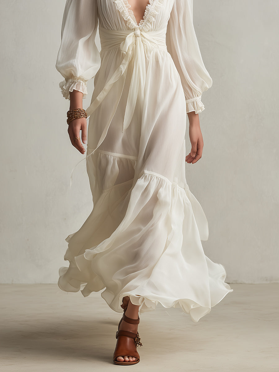 Women's Ivory Sheer Chiffon Dress With Ruffled V-Neck & Tie-Waist Detail, Timeless Romantic-Boho Style Dress MDA3135L9I