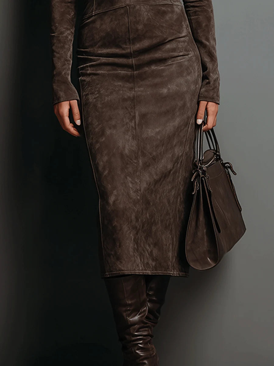 VESTIDO MIDI DE GAMUZA CON CUELLO ALTO JELINA