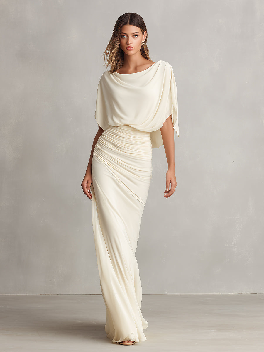 Women's Ivory Silky Dress With Draped Cowl Neck & Ruched Silhouette, Timeless Luxe-Elegant Style Dress MDA3124L9I