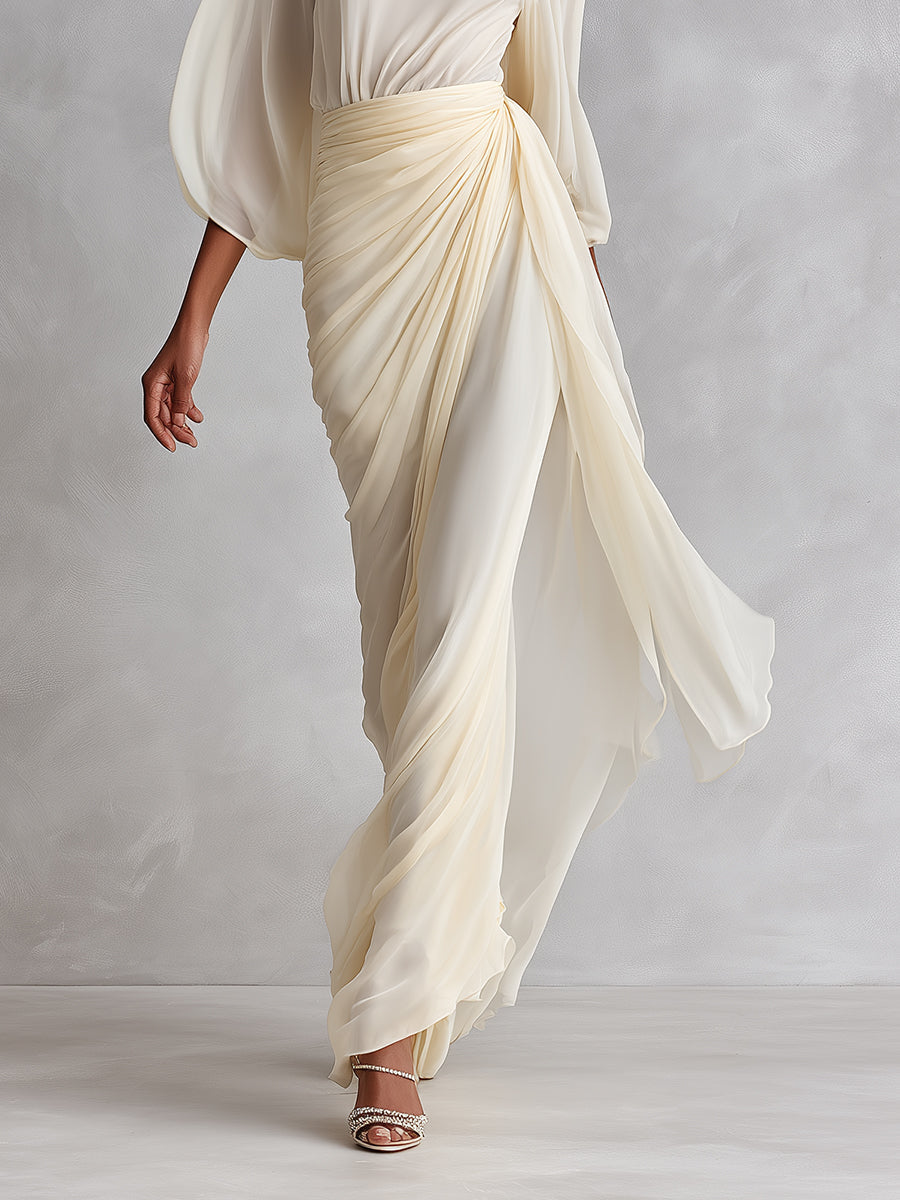 Women's Cream Silky Woven Dress With Sheer Overlay & Wrap Detail, Modern Sophisticated-Chic Style Dress MDA3133L5I