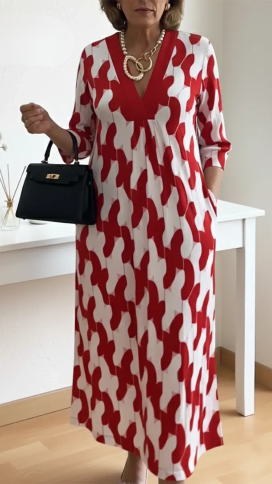 VESTIDO LARGO FLUIDO CON ESCOTE EN V Y MANGAS 3/4