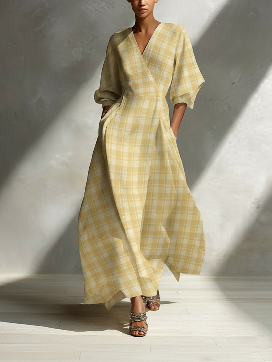 ISABELA | VESTIDO MAXI AMARILLO A CUADROS CON ESCOTE EN V Y MANGA 3/4