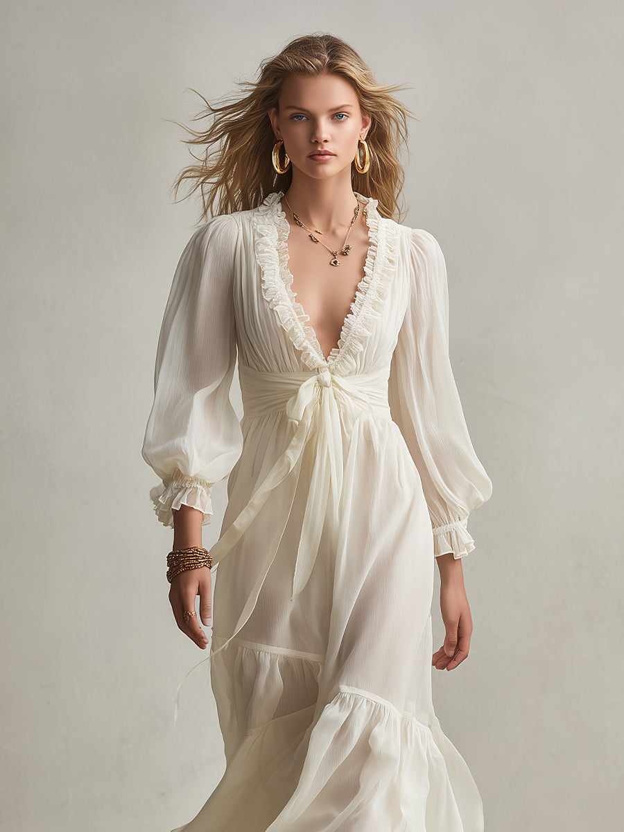 Women's Ivory Sheer Chiffon Dress With Ruffled V-Neck & Tie-Waist Detail, Timeless Romantic-Boho Style Dress MDA3135L9I