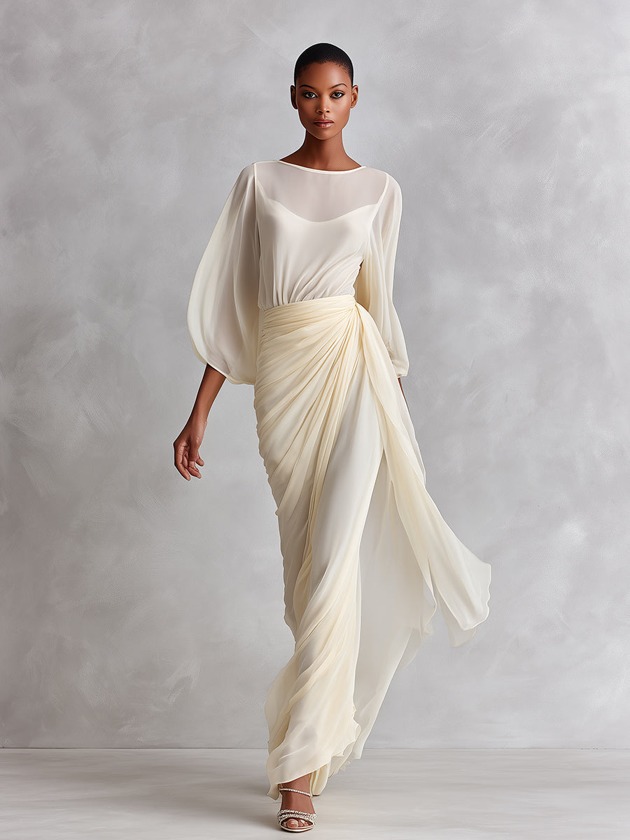 Women's Cream Silky Woven Dress With Sheer Overlay & Wrap Detail, Modern Sophisticated-Chic Style Dress MDA3133L5I