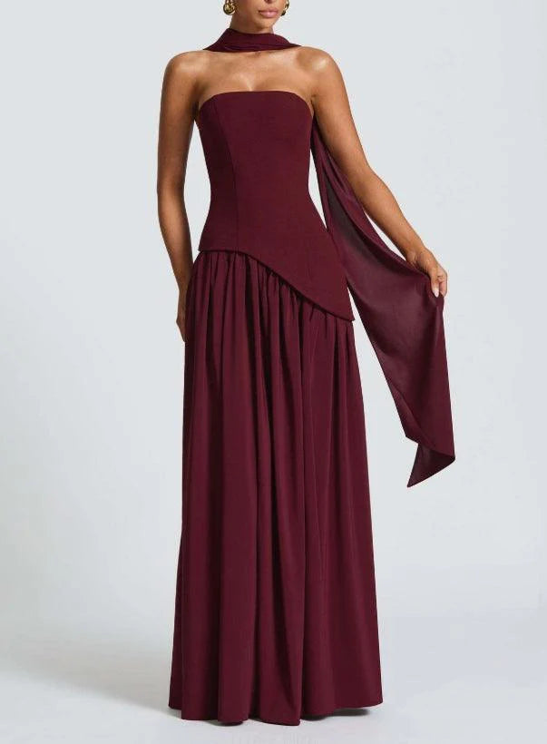 VESTIDO MARISA LARGO SIN TIRANTES CON CINTA Y ABERTURA