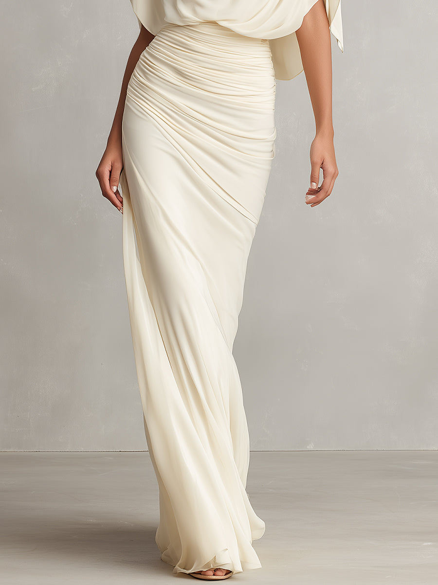 Women's Ivory Silky Dress With Draped Cowl Neck & Ruched Silhouette, Timeless Luxe-Elegant Style Dress MDA3124L9I