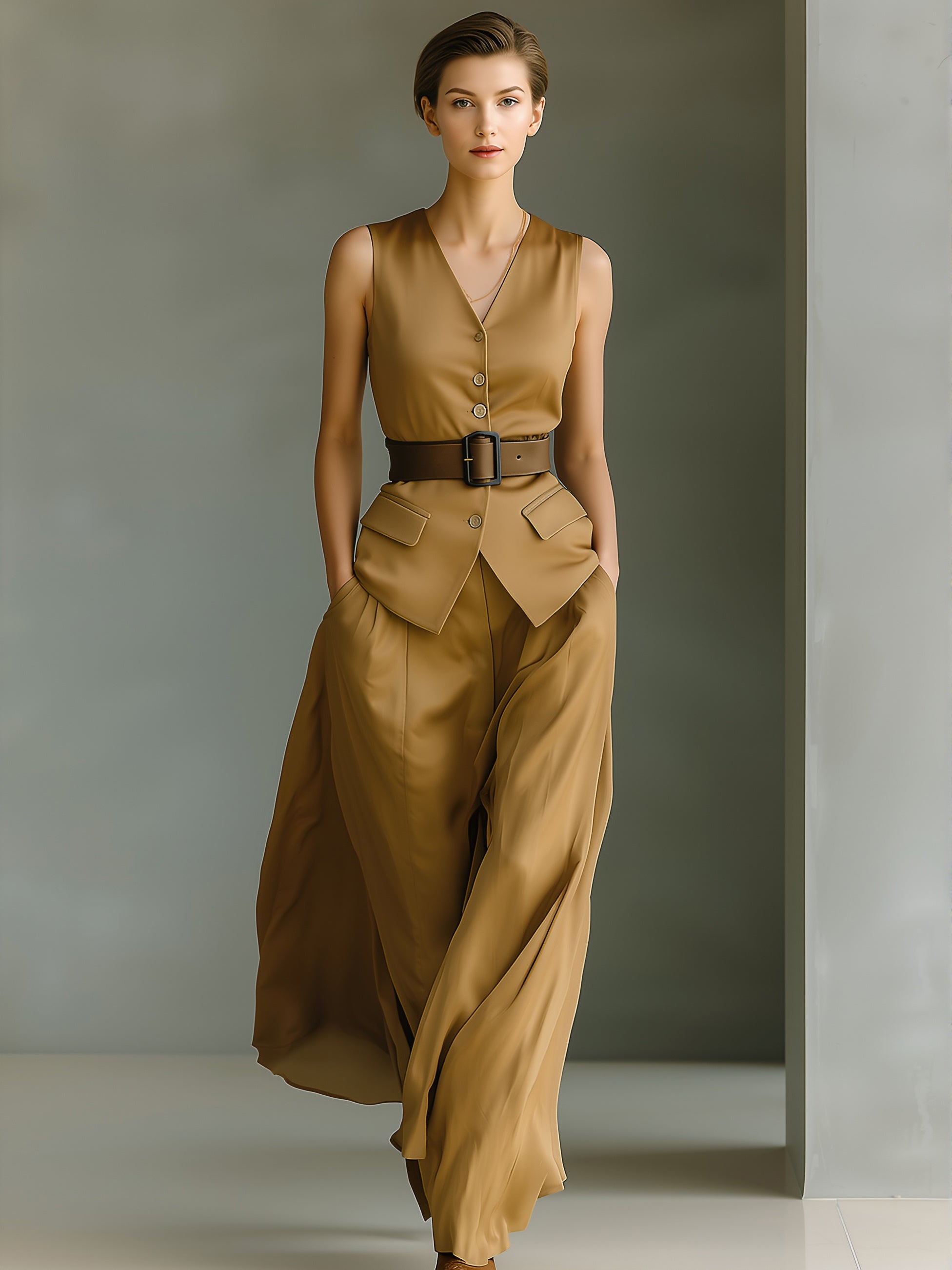 Women's Elegant Brown Satin Sleeveless Vest And Trousers Set (belt Not Included) MDA3137L8AN