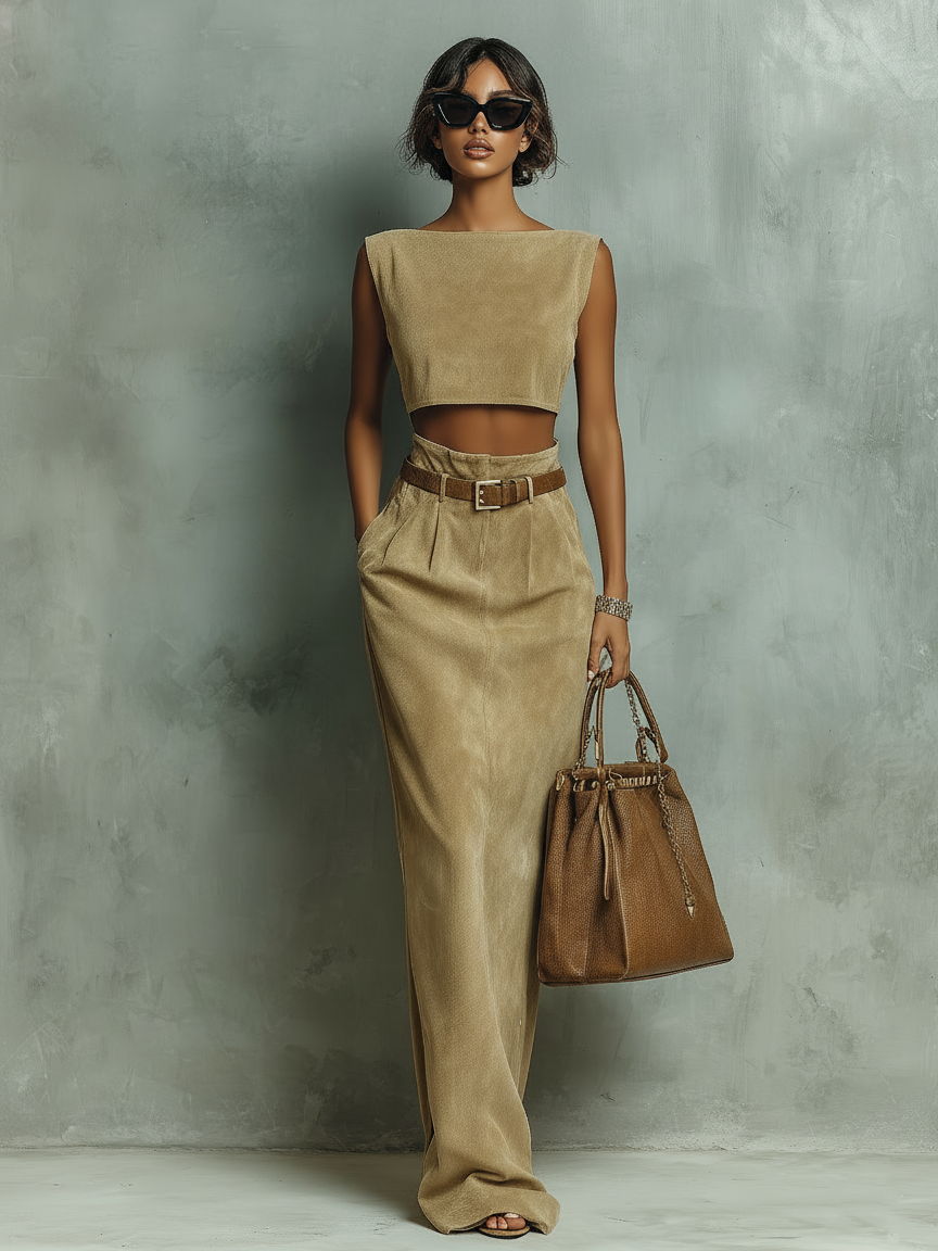 SOFÍA | CONJUNTO MINIMALISTA DE GAMUZA SINTÉTICA TOP SIN MANGAS Y FALDA LARGA