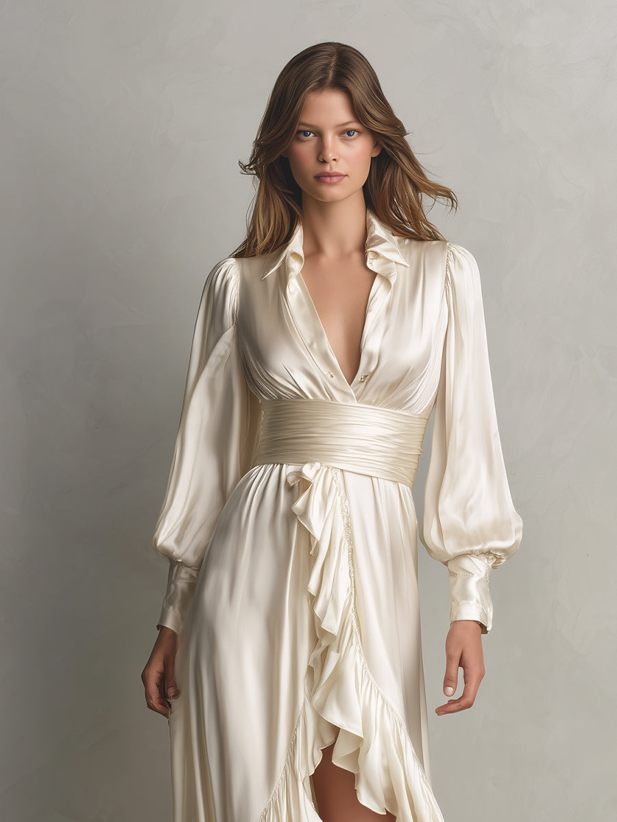 Women's Cream Satin Dress With Ruffled Detail & Puff Sleeves, Timeless Romantic-Luxe Style Dress MDA2909L1I