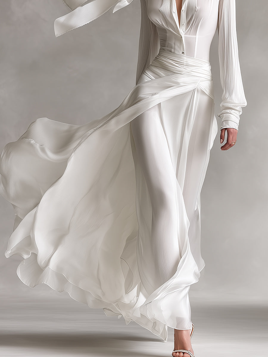 Women's Off-White Maxi Dress With Button-Front & Wrap Waist, Sophisticated Evening-Gala Style Dress MDA3173L6I