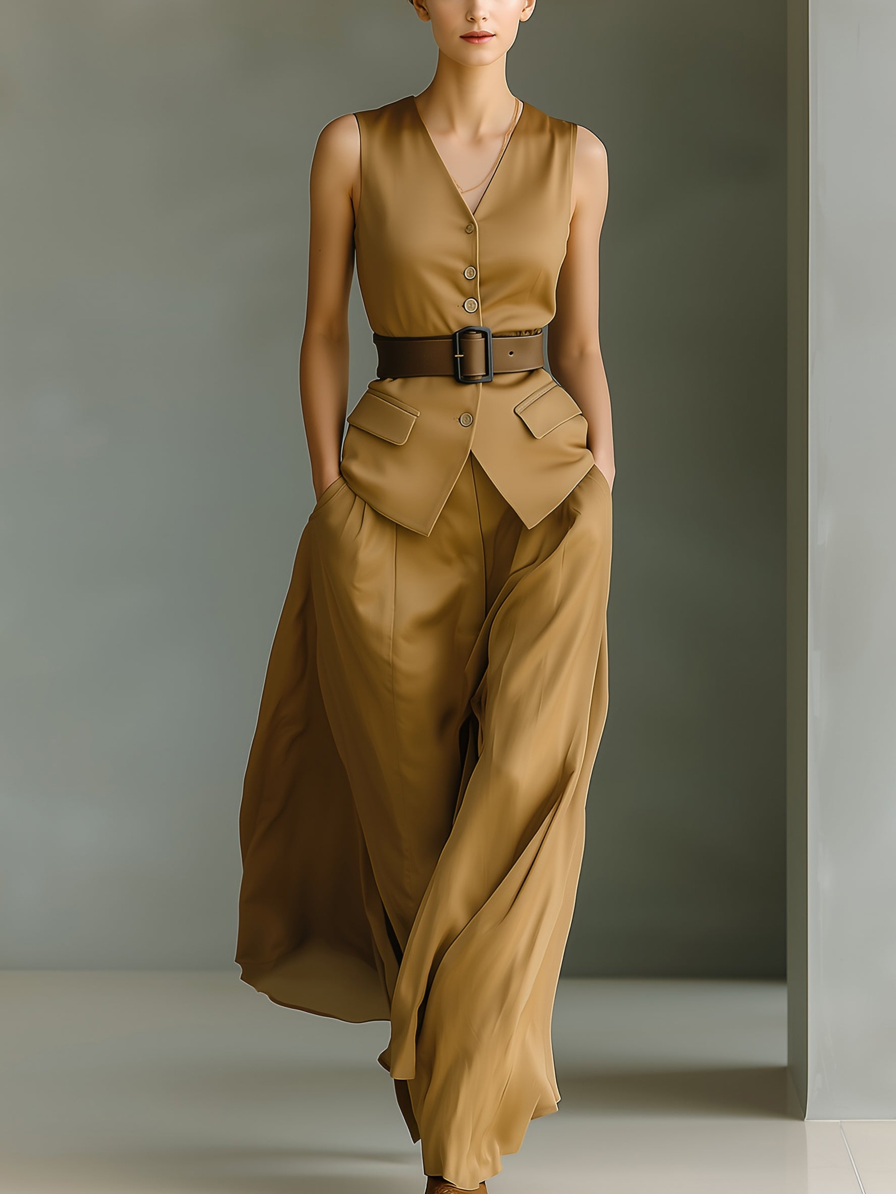 Women's Elegant Brown Satin Sleeveless Vest And Trousers Set (belt Not Included) MDA3137L8AN