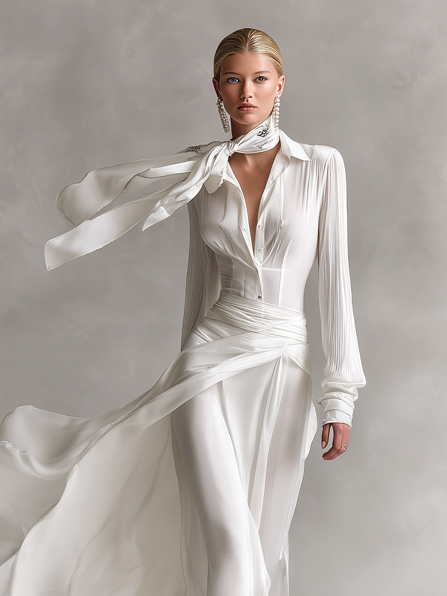 Women's Off-White Maxi Dress With Button-Front & Wrap Waist, Sophisticated Evening-Gala Style Dress MDA3173L6I