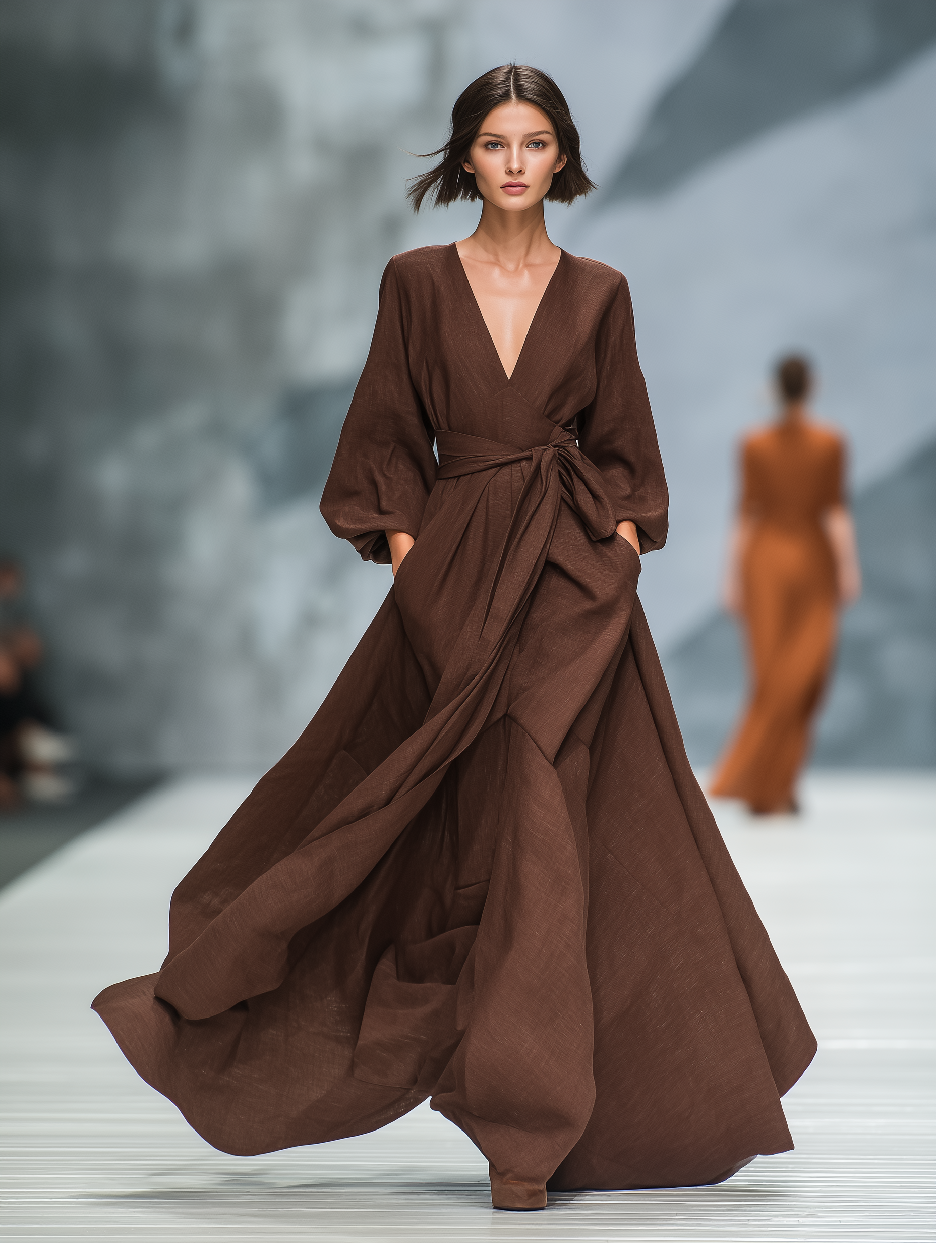 Women's Elegant Dark Brown V-neck Long-sleeved Cotton And Linen Blend Woven Maxi Dress MDA3112L3AN