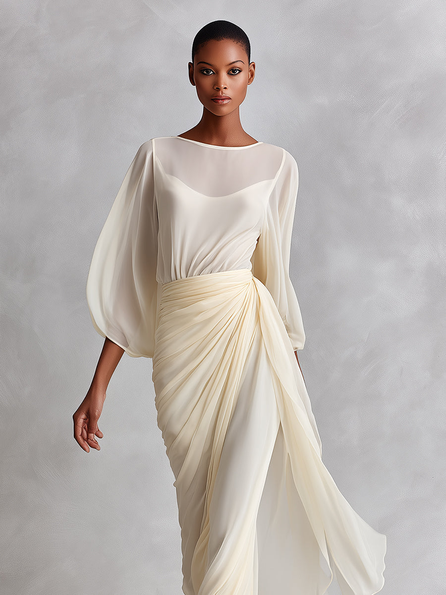Women's Cream Silky Woven Dress With Sheer Overlay & Wrap Detail, Modern Sophisticated-Chic Style Dress MDA3133L5I