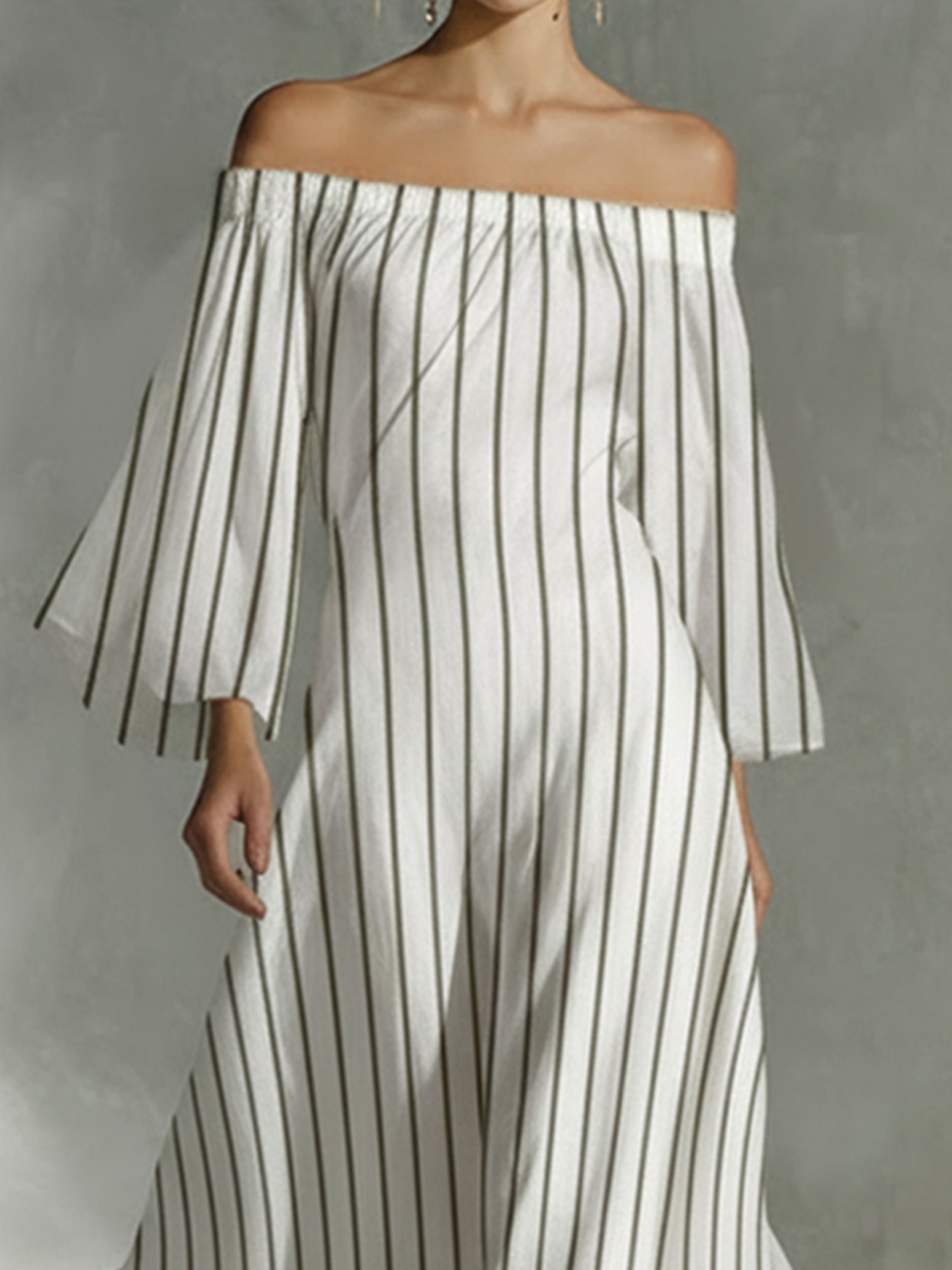 Women's White And Gray Striped Off-Shoulder Maxi Dress MDA2918L7AP