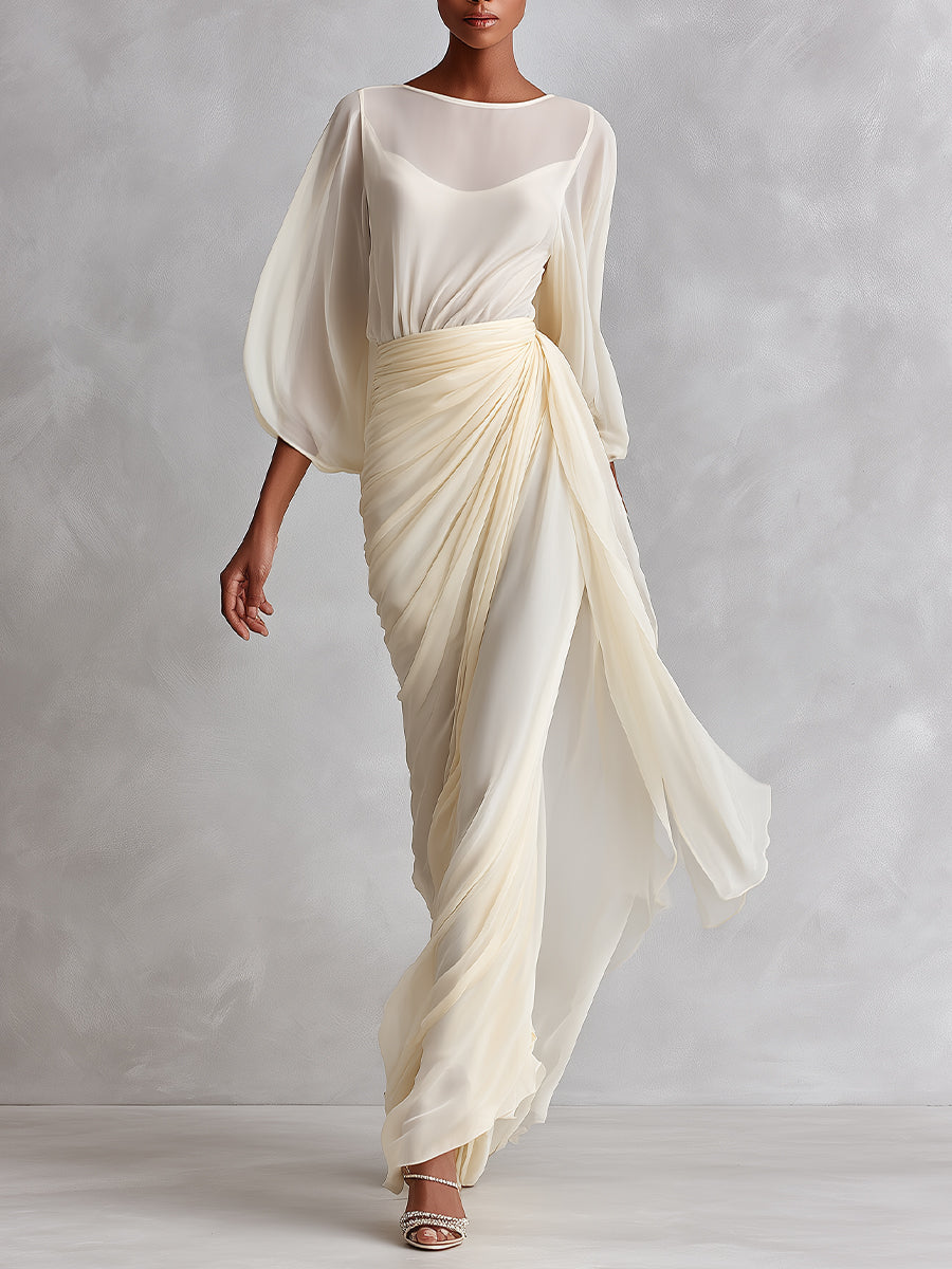 Women's Cream Silky Woven Dress With Sheer Overlay & Wrap Detail, Modern Sophisticated-Chic Style Dress MDA3133L5I