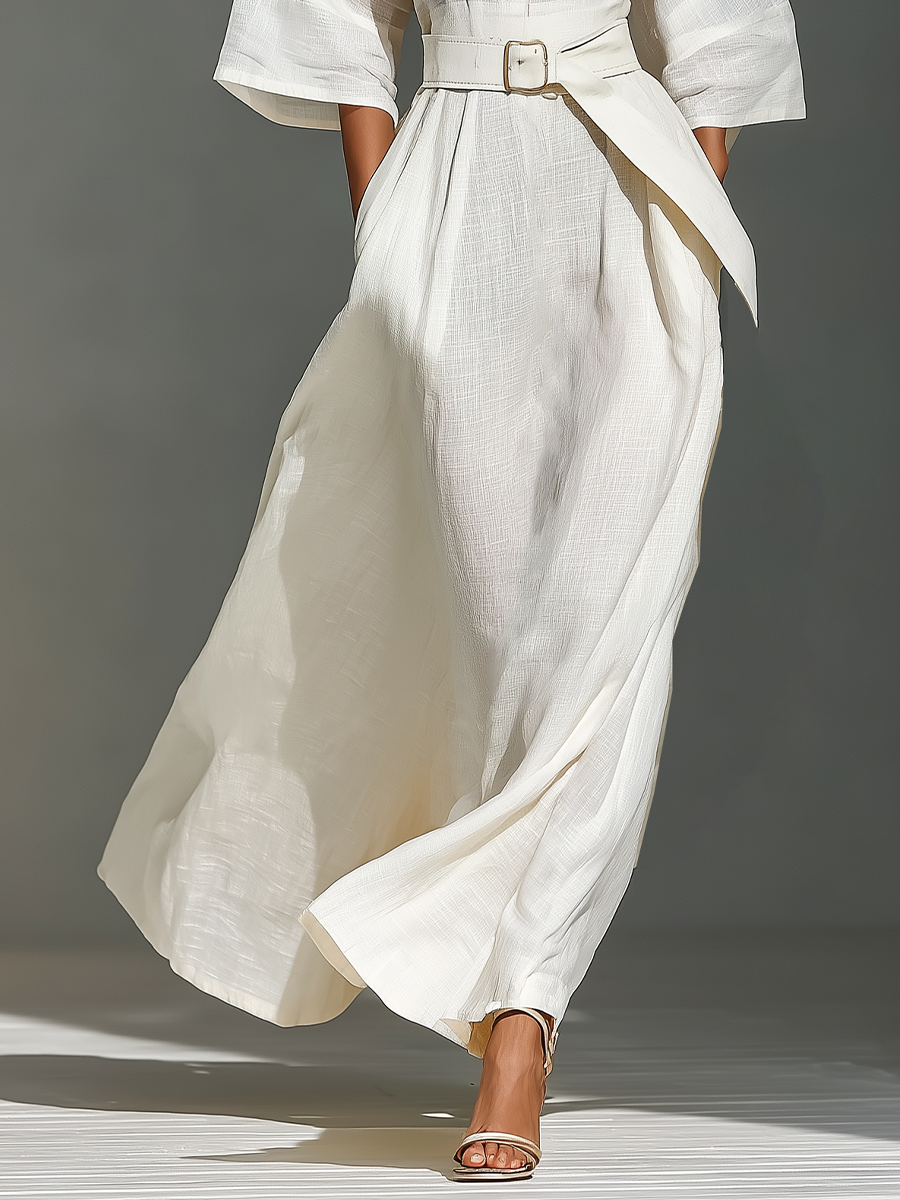 Women's Ivory Linen Fabric Kimono-Sleeve Wrap Maxi Dress With Belt & Pockets MDA3143L9T