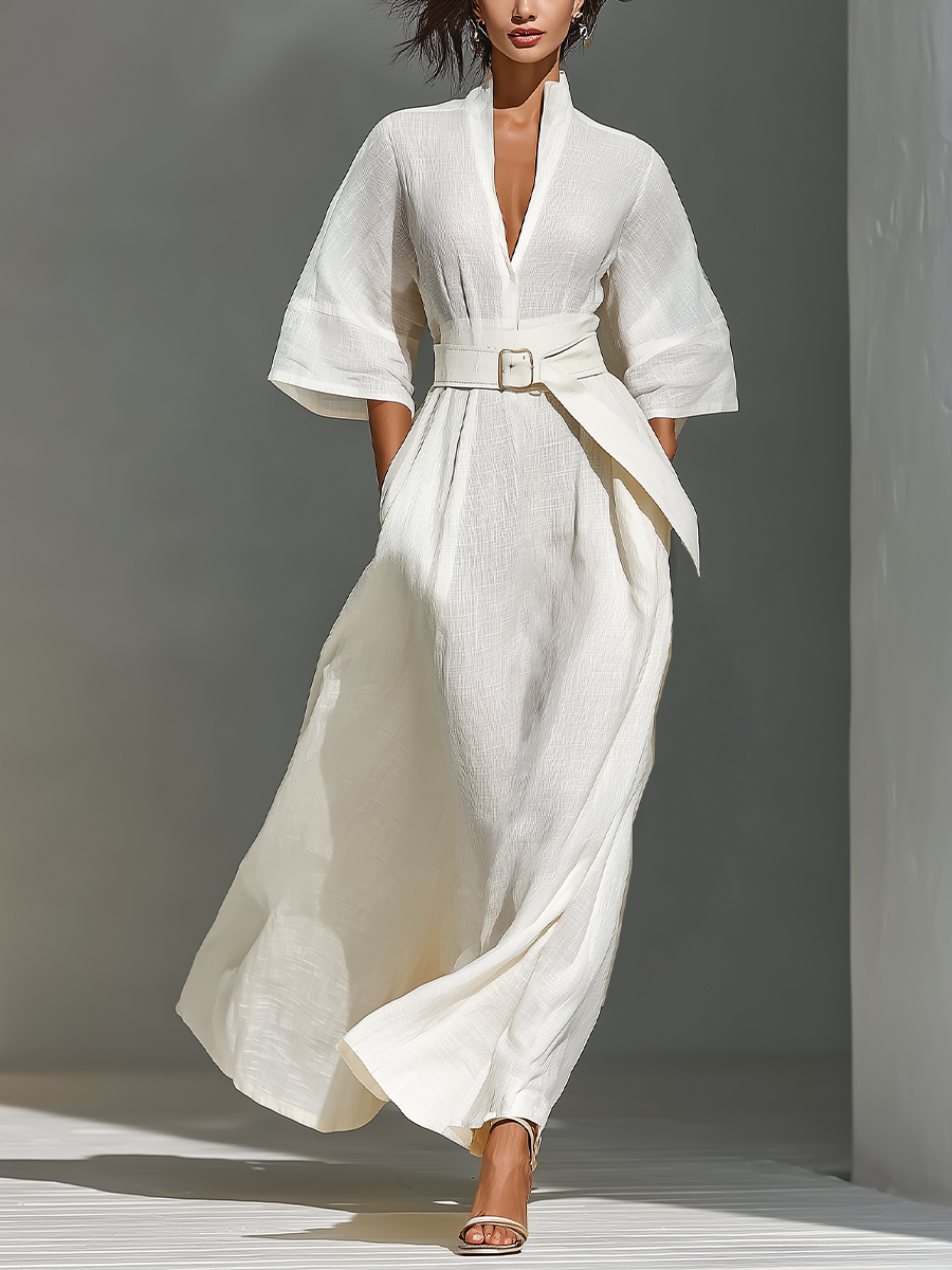 Women's Ivory Linen Fabric Kimono-Sleeve Wrap Maxi Dress With Belt & Pockets MDA3143L9T