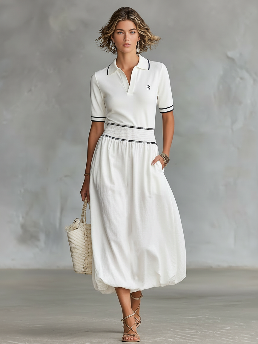 EMMA | VESTIDO MAXI MINIMALISTA CON VIVOS NEGROS Y MANGAS CORTAS