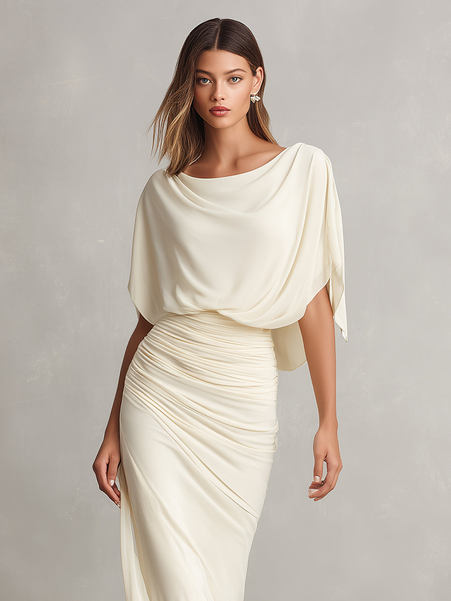 Women's Ivory Silky Dress With Draped Cowl Neck & Ruched Silhouette, Timeless Luxe-Elegant Style Dress MDA3124L9I