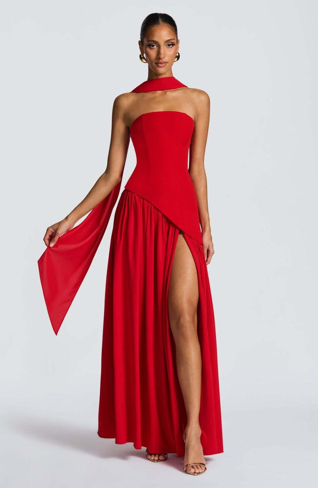 VESTIDO MARISA LARGO SIN TIRANTES CON CINTA Y ABERTURA