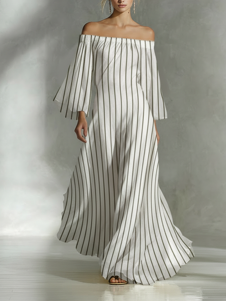 Women's White And Gray Striped Off-Shoulder Maxi Dress MDA2918L7AP