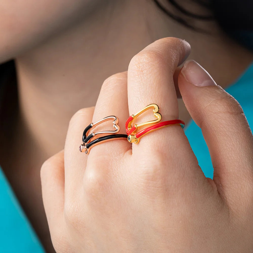 Caitleen - Anillo Estetoscopio Con Piedra Preciosa En Forma De Corazón