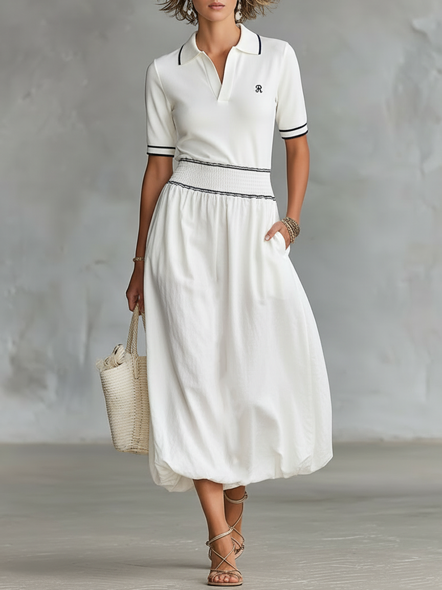 EMMA | VESTIDO MAXI MINIMALISTA CON VIVOS NEGROS Y MANGAS CORTAS