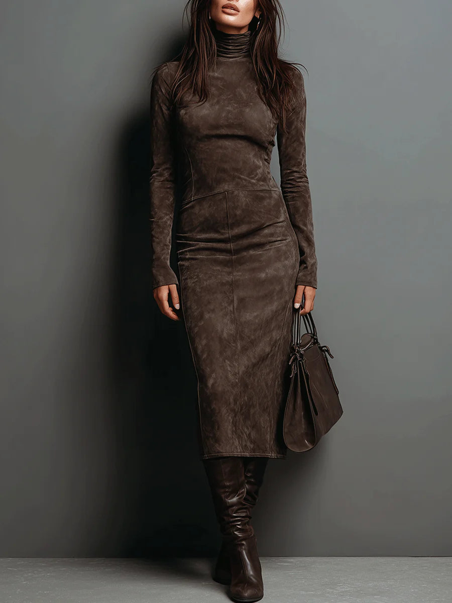 VESTIDO MIDI DE GAMUZA CON CUELLO ALTO JELINA