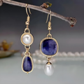 Nevena - Pendientes Vintage Con Piedra Azul y Perla