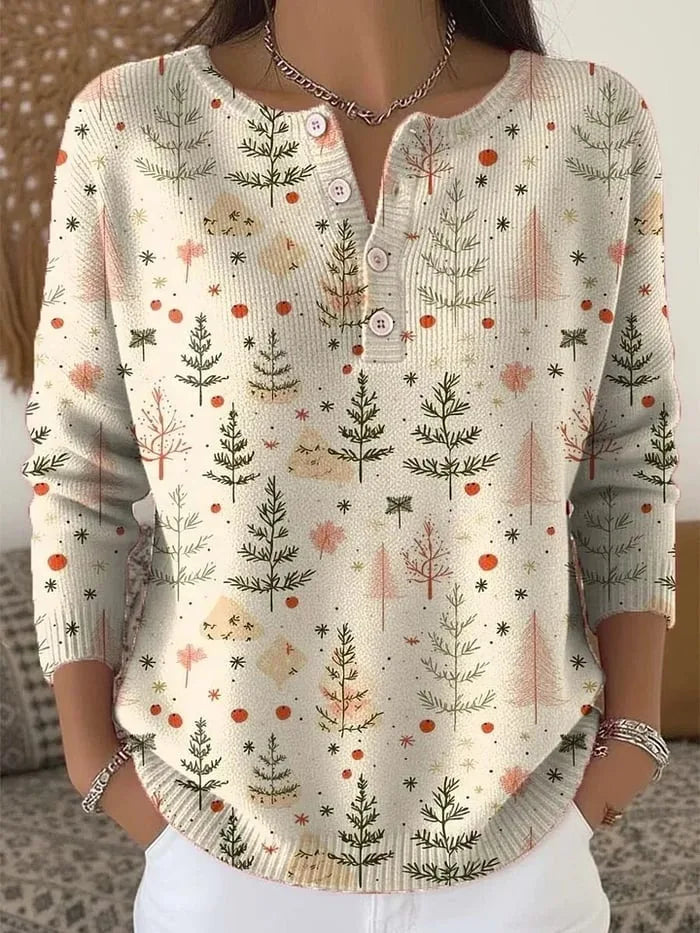 JERSEY FESTIVO CON ESTAMPADO DE ÁRBOLES Y BOTONES FRONTALES