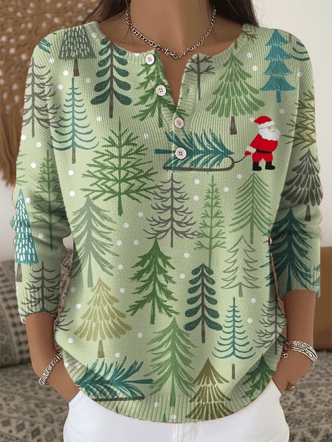 JERSEY FESTIVO CON ESTAMPADO DE ÁRBOLES Y BOTONES FRONTALES