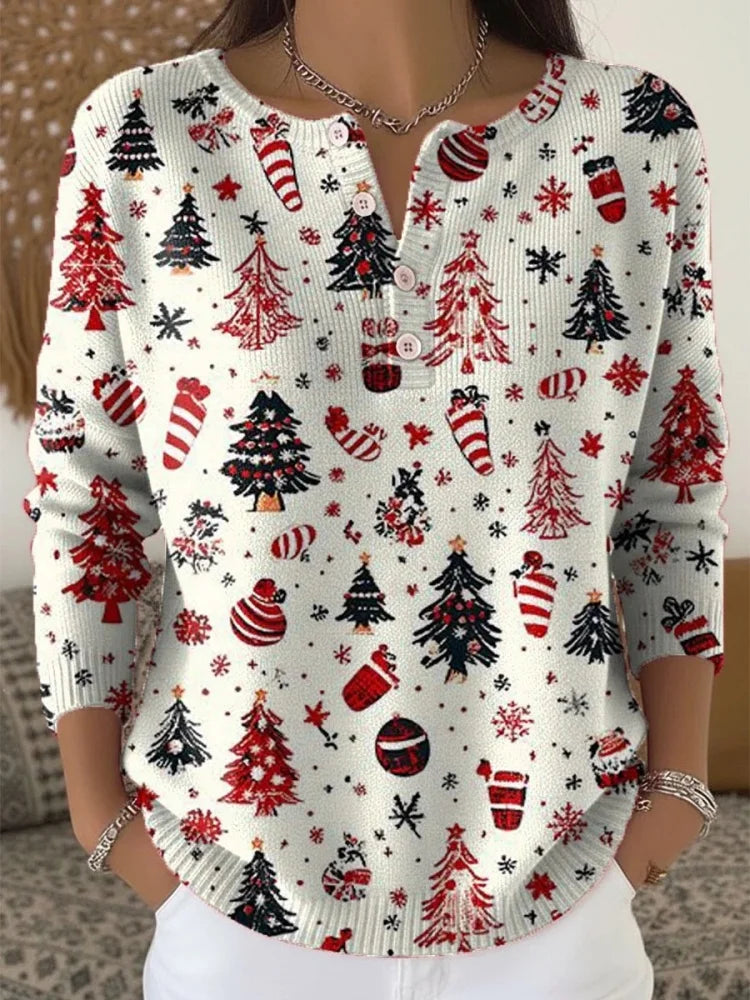 JERSEY FESTIVO CON ESTAMPADO DE ÁRBOLES Y BOTONES FRONTALES