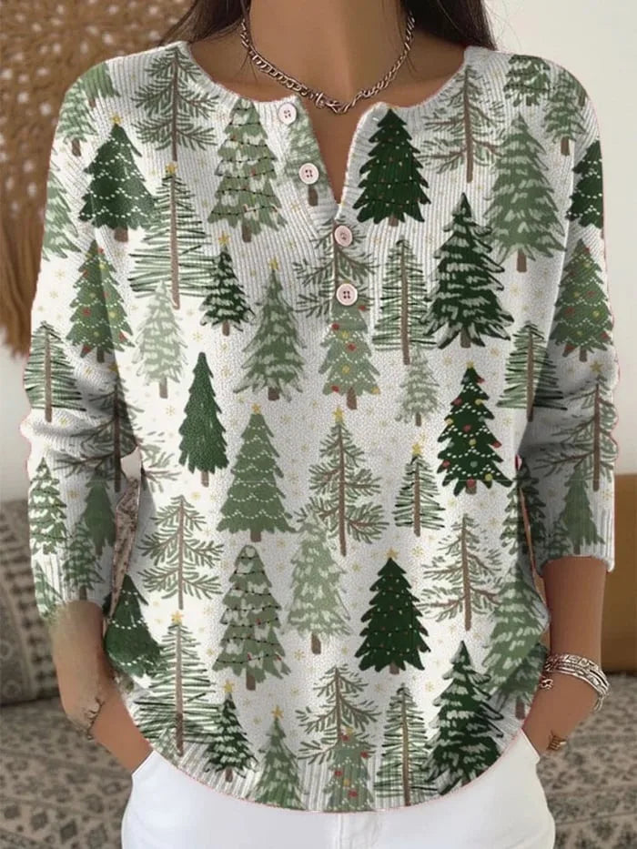 JERSEY FESTIVO CON ESTAMPADO DE ÁRBOLES Y BOTONES FRONTALES