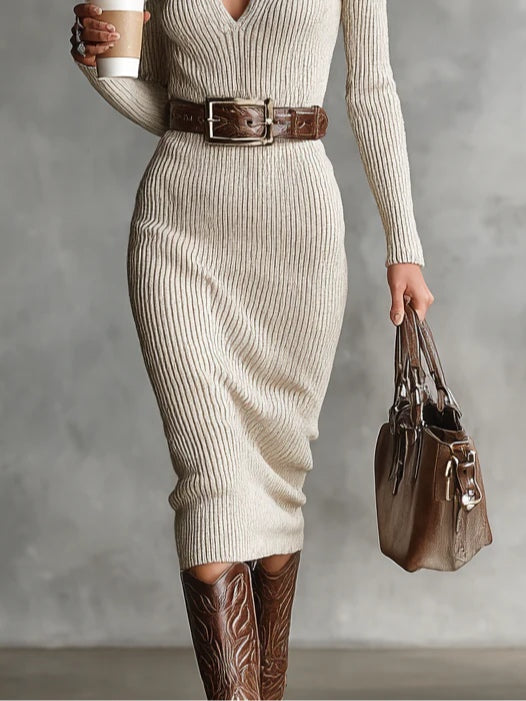 VESTIDO DE PUNTO CON CINTURÓN Y CUELLO SEMI ALTO KENADIE