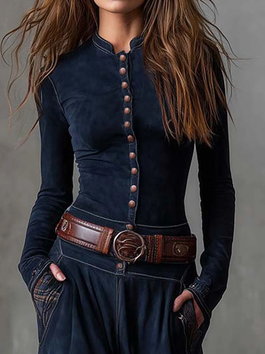 VESTIDO VINTAGE DE ANTE CON DETALLES A CUADROS FRINGILLA