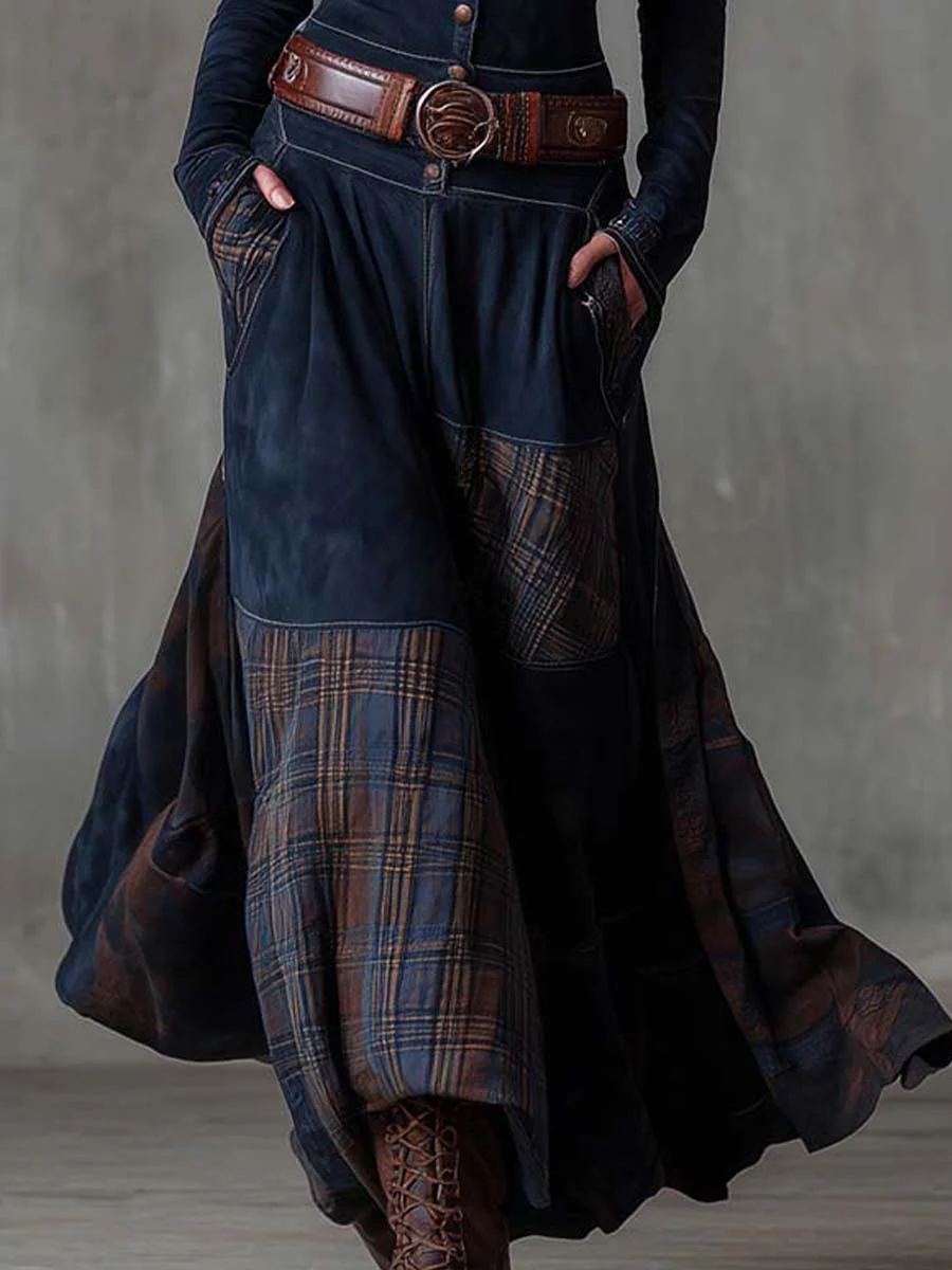 VESTIDO VINTAGE DE ANTE CON DETALLES A CUADROS FRINGILLA