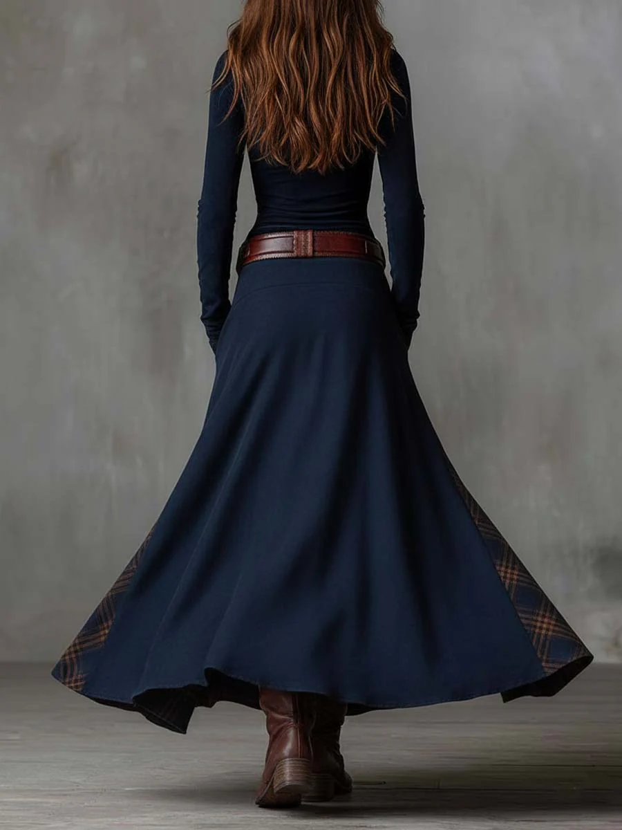 VESTIDO VINTAGE DE ANTE CON DETALLES A CUADROS FRINGILLA