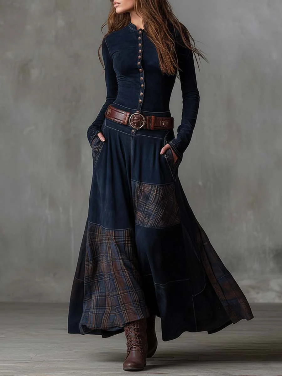 VESTIDO VINTAGE DE ANTE CON DETALLES A CUADROS FRINGILLA