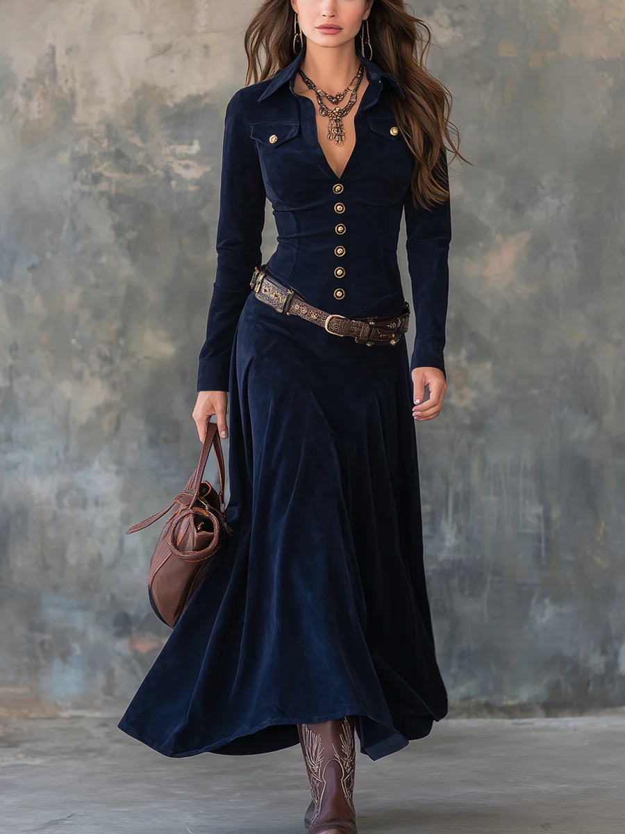 VESTIDO LARGO DE ANTE CON BOTONES Y ABERTURA JELISSA